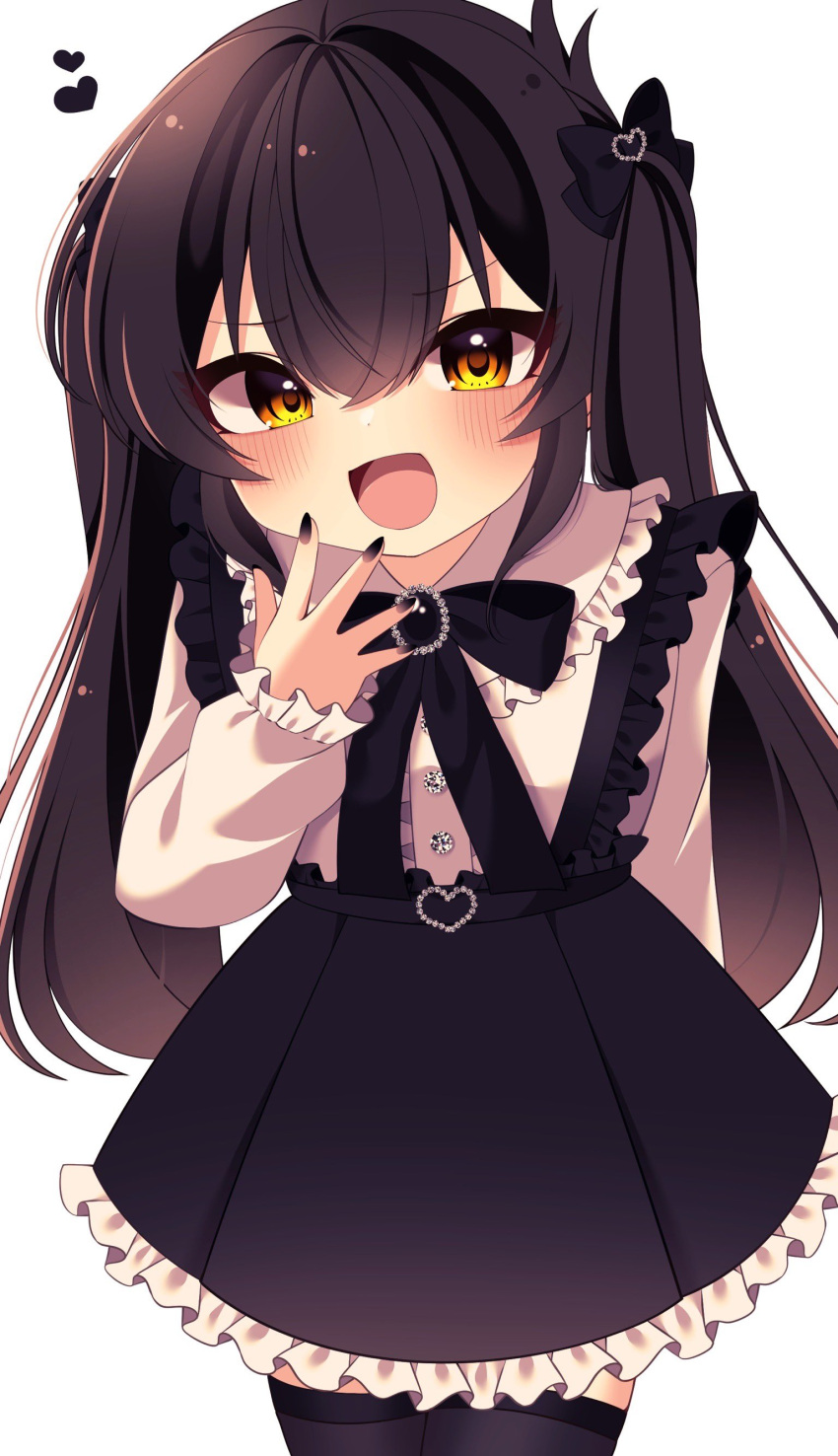 1girl, absurdres, black_bow, black_bowtie, black_hair, black_nails, black_skirt, black_thighhighs