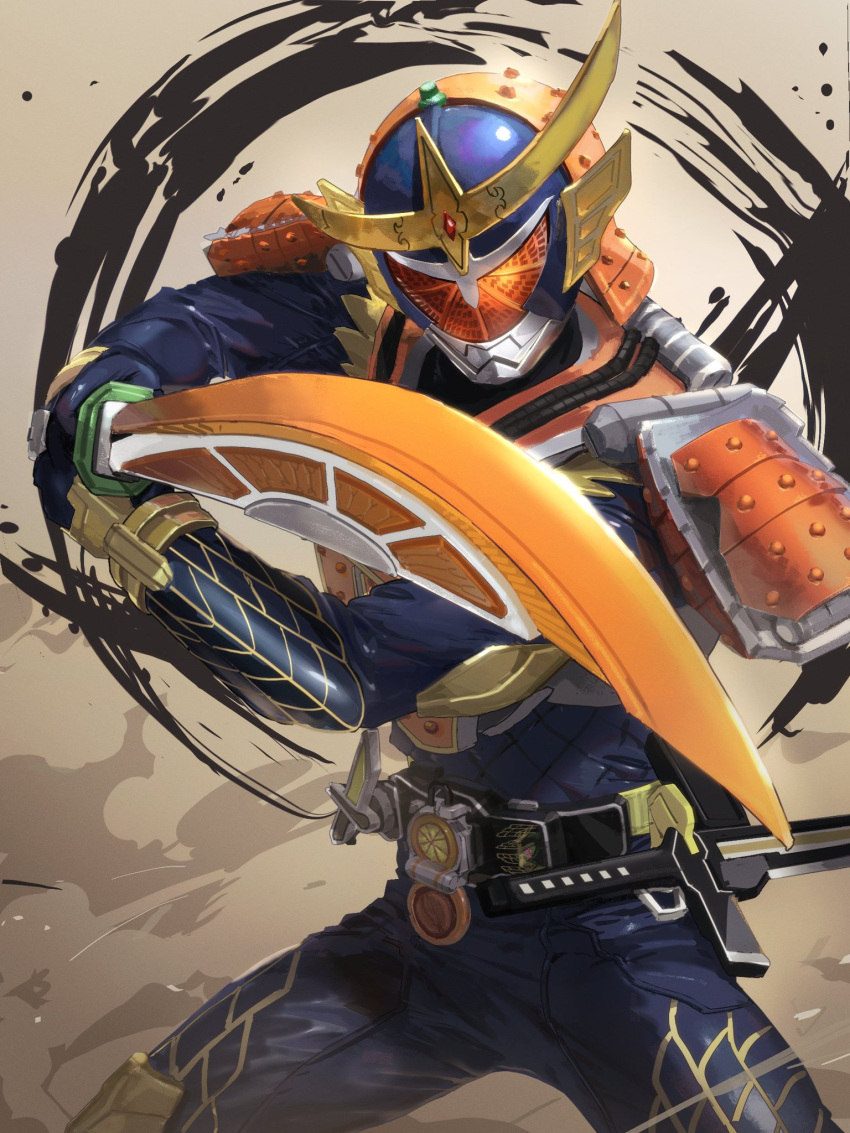 1boy, armor, belt, blue_bodysuit, bodysuit, commentary_request, daidai_maru, fighting_stance