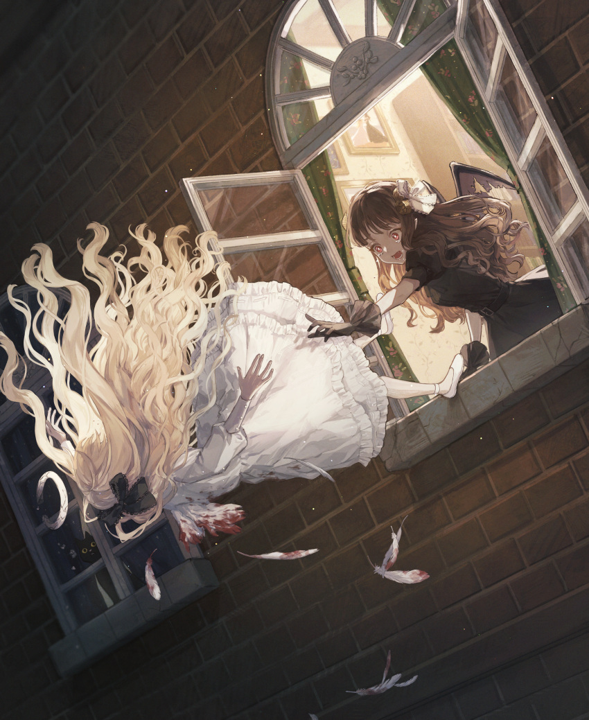 2girls, absurdres, angel, angel_wings, belt, black_belt, black_bow, black_cat