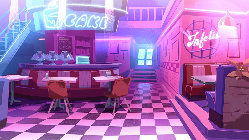 booth_seating, cake, chair, checkered_floor, donuttypd, door, floor, flower