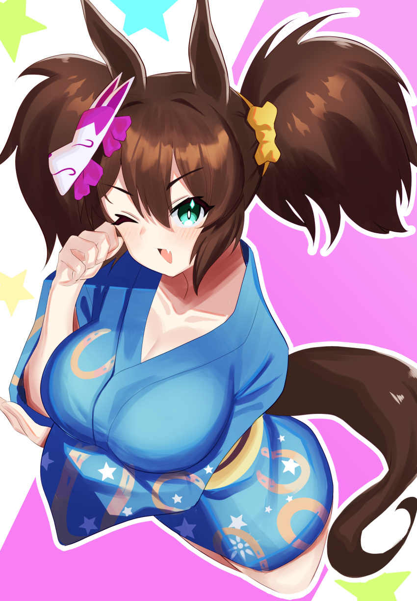 1girl, absurdres, alternate_costume, animal_ears, aqua_eyes, blue_kimono, brown_hair, clenched_hand, collarbone, fang, fox_mask, from_above, hair_ribbon, hakurogi, hand_on_own_elbow, hand_on_own_face, highres, horse_ears, horse_girl, horse_tail, horseshoe_print, inari_one_(umamusume), japanese_clothes, kimono, looking_at_viewer, looking_up, mask, mask_on_head, multicolored_background, one_eye_closed, ribbon, skin_fang, solo, tail, twintails, umamusume, yellow_ribbon, yukata