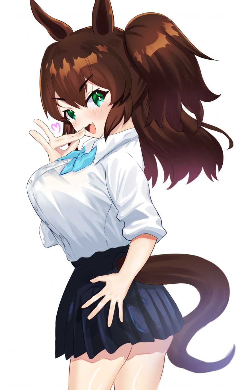 1girl, absurdres, animal_ears, blue_ribbon, breasts, brown_hair, commentary_request, fox_shadow_puppet, green_eyes, hakurogi, hand_on_own_face, hand_on_own_hip, highres, horse_ears, horse_girl, horse_tail, inari_one_(umamusume), large_breasts, looking_at_viewer, looking_back, monochrome_background, pleated_skirt, ribbon, school_uniform, simple_background, skirt, solo, tail, thighs, two_side_up, umamusume, white_background
