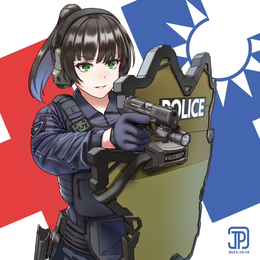 1girl, artist_name, ballistic_shield, blue_gloves, blue_pants, brown_hair, dated, flashlight