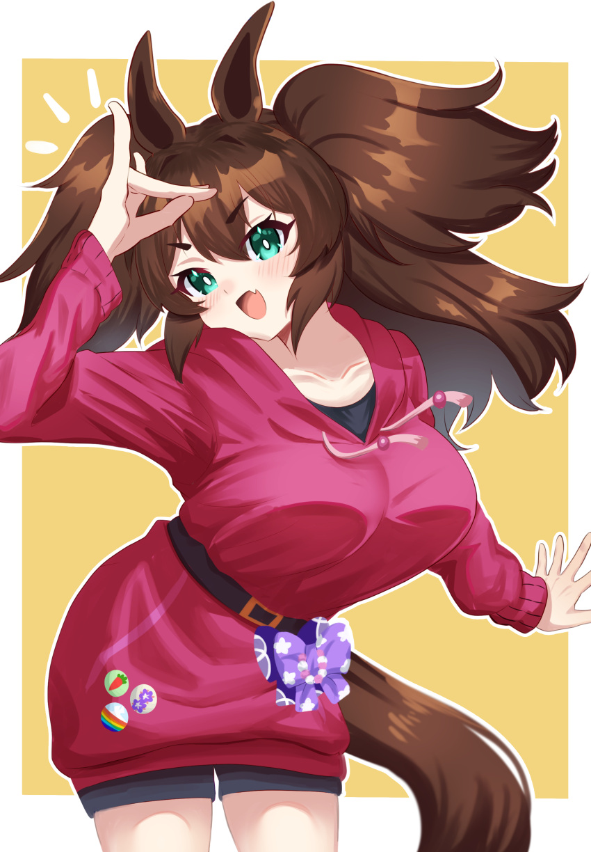 1girl, absurdres, animal_ears, aqua_eyes, badge, belt, black_undershirt, blush
