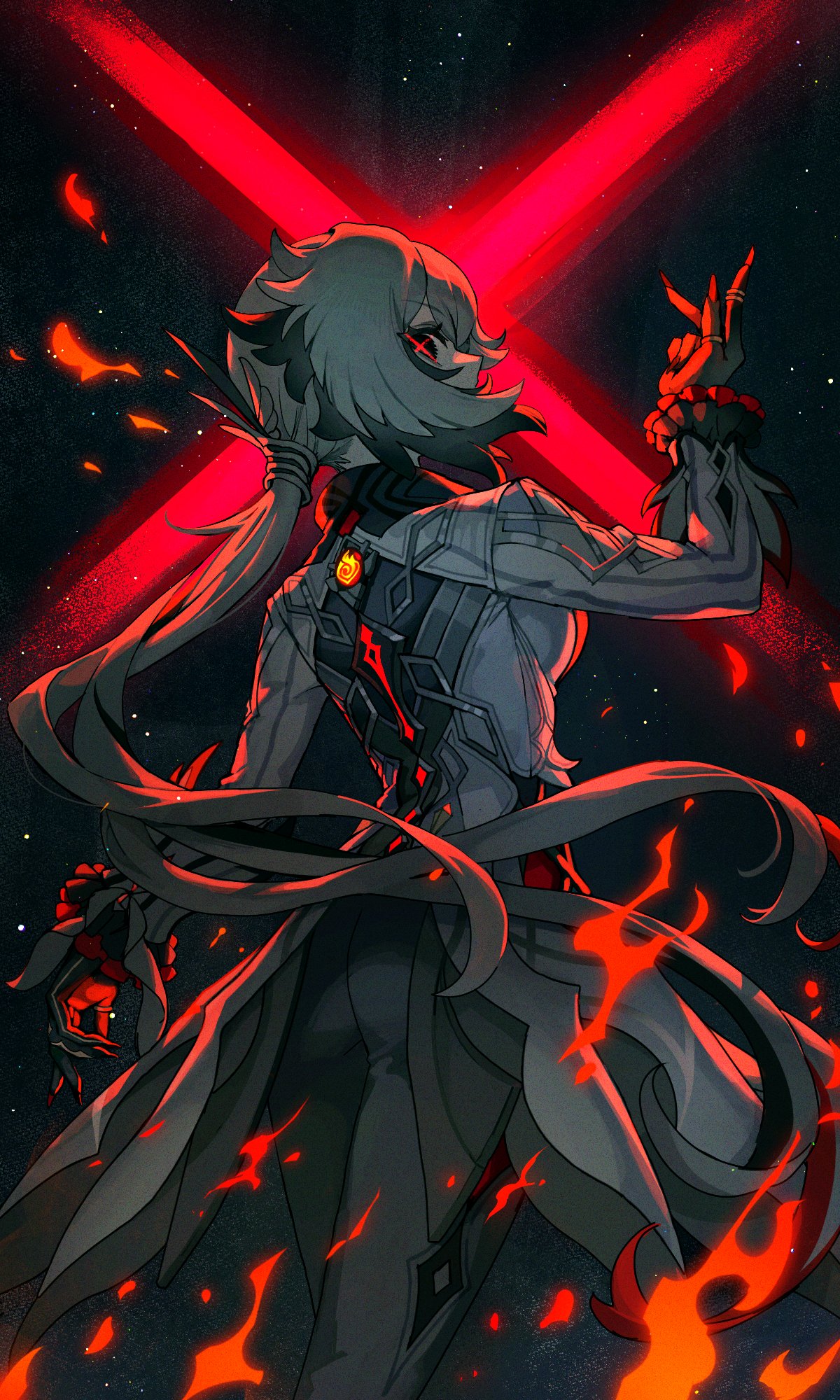 1girl, arlecchino_(genshin_impact), black_eyes, black_hair, black_hands, black_pants, coat, fire, genshin_impact, grey_hair, highres, long_hair, long_sleeves, looking_at_viewer, low_ponytail, multicolored_hair, pants, pyrokinesis, red_pupils, snapping_fingers, solo, streaked_hair, symbol-shaped_pupils, two-tone_hair, vision_(genshin_impact), white_coat, x-shaped_pupils, yurika48597221