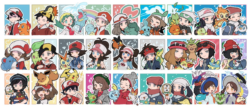 6+boys, 6+girls, akari_(pokemon), backwards_hat, bandana, beanie, black_hair, blue_jacket