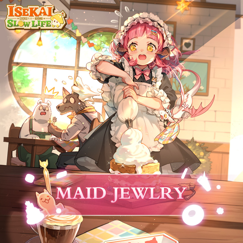 1girl, 3others, apron, arm_up, artist_request, ascot, bear, black_dress