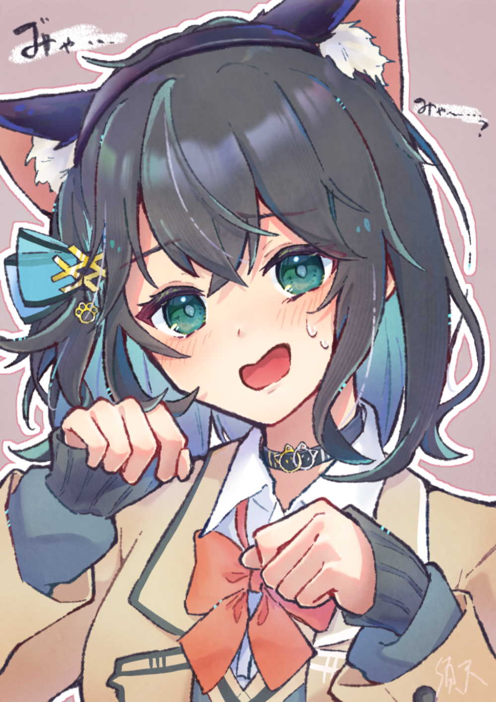 1girl, animal_ears, black_choker, black_hair, black_sweater, blazer, blue_bow, blue_hair