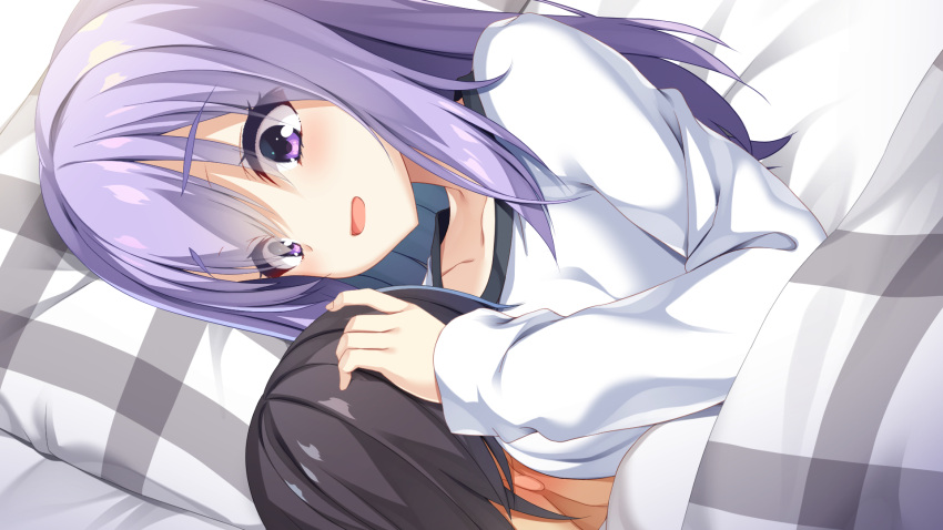 1boy, 1girl, aria., arihara_satoru, between_breasts, black_hair, blush, breasts, collarbone, commentary_request, ear_blush, eyelashes, eyes_visible_through_hair, hair_between_eyes, hand_up, head_between_breasts, head_on_pillow, headpat, hetero, highres, hug, ise_kotori, light_purple_hair, light_smile, long_hair, long_sleeves, looking_at_another, lying, on_back, on_side, open_mouth, paid_reward_available, pajamas, riddle_joker, short_hair, sidelocks, solo_focus, under_covers, upper_body, variant_set, violet_eyes, white_pajamas