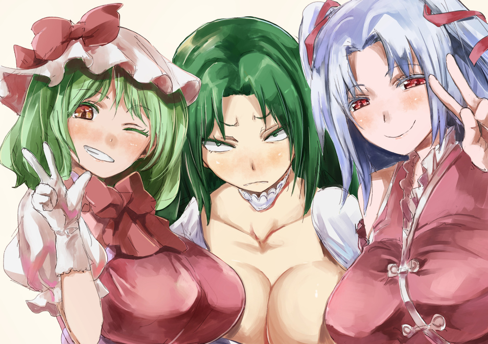 3girls, alternate_costume, alternate_hairstyle, blue_hair, blush, breasts, green_eyes, green_hair