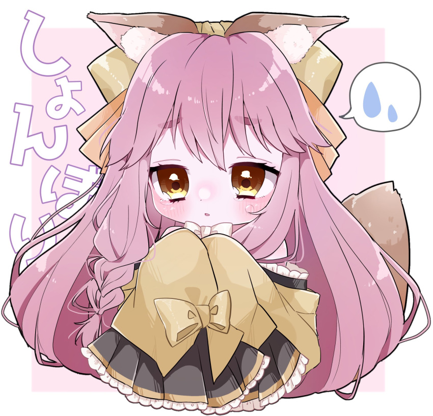 1girl, animal_ears, blush, bow, braided_sidelock, chibi, commentary_request, fate/samurai_remnant