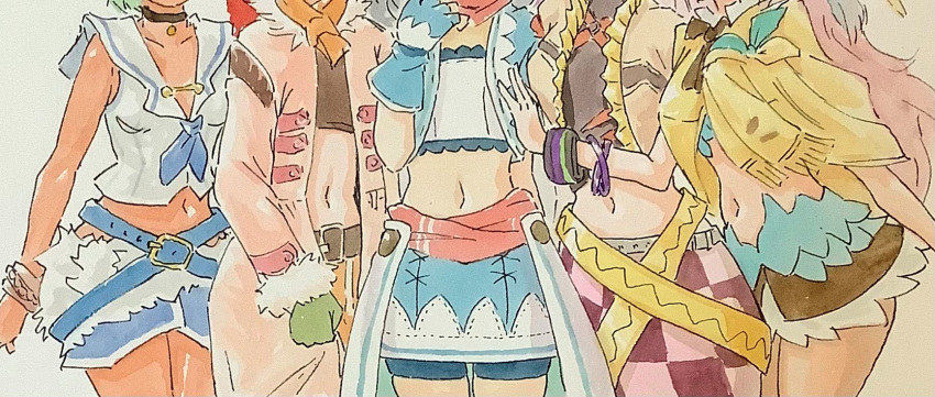 5girls, armlet, belt, black_belt, blue_gloves, bracelet, elisa_jalapeno_viviage, fur-trimmed_collar