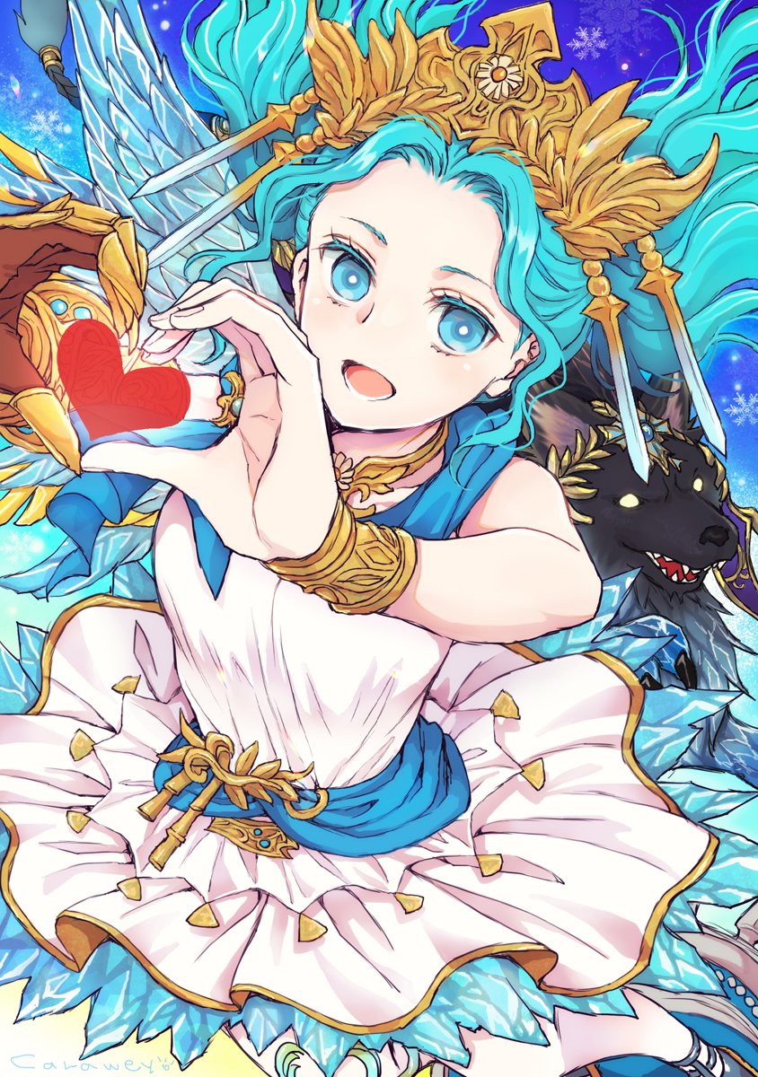 1girl, :d, asymmetrical_wings, bare_shoulders, blue_background, blue_eyes, blue_hair, blue_sash