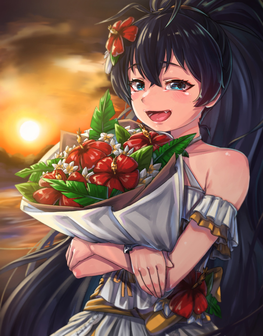 1girl, absurdres, bare_shoulders, black_hair, blue_eyes, blush, bouquet, commentary_request, dress, fang, flower, ganaha_hibiki, hair_flower, hair_ornament, hibiscus, highres, hold111, holding, holding_bouquet, idolmaster, idolmaster_(classic), korean_commentary, long_hair, looking_at_viewer, open_mouth, outdoors, sky, sleeveless, sleeveless_dress, smile, solo, sun, sunset, upper_body, very_long_hair, white_dress