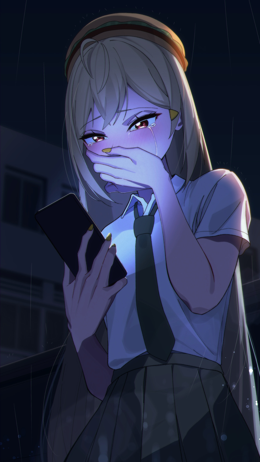 1girl, absurdres, ahoge, black_necktie, black_skirt, blonde_hair, blush, collared_shirt