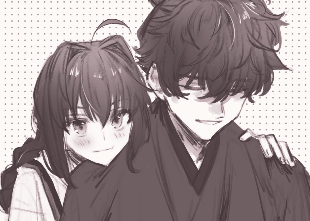 1boy, 1other, ahoge, androgynous, blush, closed_eyes, commentary_request, dotted_background