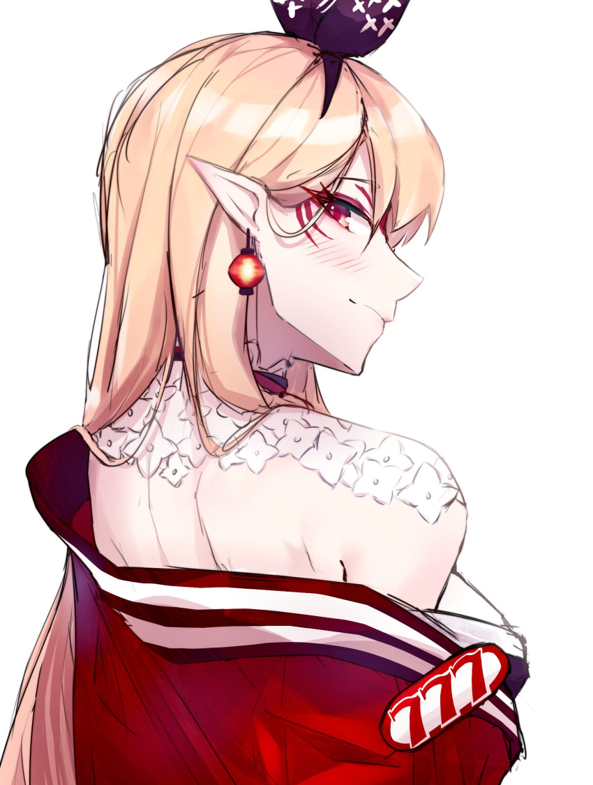 1girl, back, blonde_hair, blush, bow, bowtie, cgator, choker, cosplay, earrings, facial_mark, from_behind, highres, japanese_clothes, jewelry, kimono, lantern_earrings, looking_at_viewer, looking_back, nijisanji, nijisanji_en, nina_kosaka, nina_kosaka_(1st_costume), nina_kosaka_(cosplay), pointy_ears, pomu_rainpuff, red_eyes, shoulder_blades, solo, virtual_youtuber
