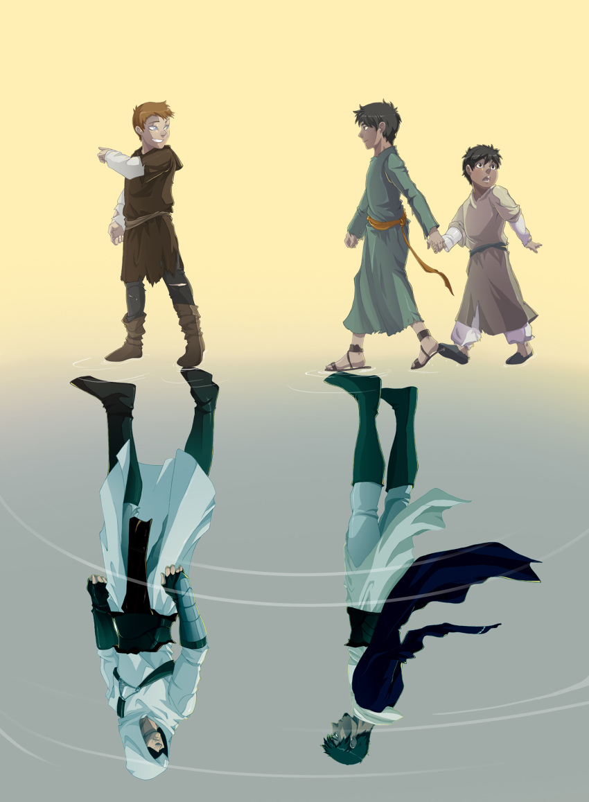 amputee, assassin's_creed, assassin's_creed, black_eyes, black_hair, blue_eyes, brown_hair, daltucia, different_reflection, gloves, grin, highres, hood, kadar_a-sayf, kadar_al-sayf, malik_a-sayf, malik_al-sayf, reflection, robe, smile, water, young