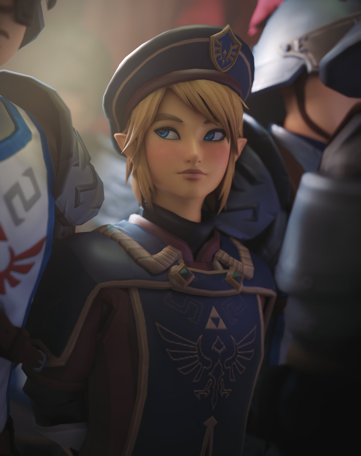 3d, 4boys, alternate_costume, armor, arms_behind_back, blonde_hair, blue_eyes, blue_headwear, blurry, blurry_background, blush, closed_mouth, depth_of_field, fugtrup, hat, helmet, highres, indoors, link, logo, looking_to_the_side, male_focus, multiple_boys, pointy_ears, shirt, short_hair, shoulder_armor, strap, the_legend_of_zelda, the_legend_of_zelda:_breath_of_the_wild, upper_body