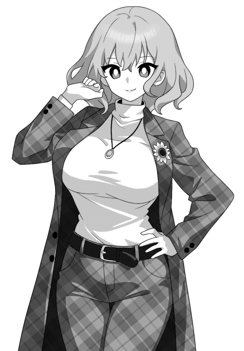 1girl, alternate_costume, belt, breasts, closed_mouth, cowboy_shot, greyscale, jewelry