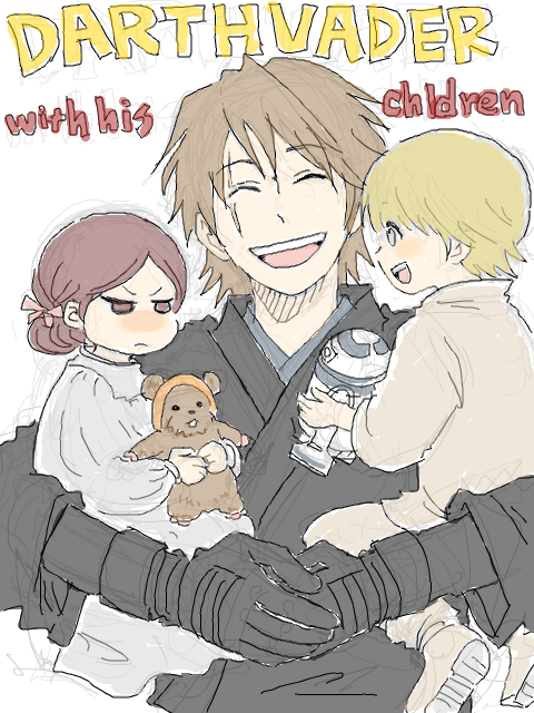 1girl, 2boys, anakin_skywalker, black_gloves, blonde_hair, brother_and_sister, child, closed_eyes, ewok, father_and_daughter, father_and_son, gloves, luke_skywalker, multiple_boys, open_mouth, princess_leia_organa_solo, r2-d2, scar, scar_across_eye, siblings, star_wars, teeth, upper_teeth_only, wicket, wombat_(yiu06262)