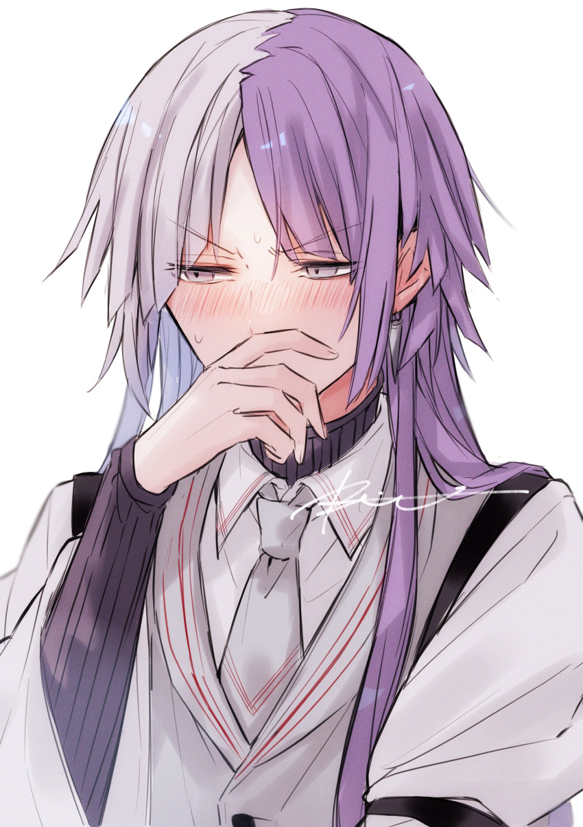 1boy, absurdres, black_sweater, blush, bungou_stray_dogs, earrings, grey_eyes, grey_necktie