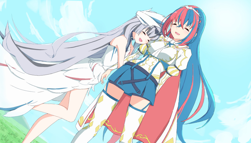 2girls, alear_(female)_(fire_emblem), alear_(fire_emblem), black_hair, blue_hair, blue_sky, blunt_bangs, braid, choker, closed_eyes, crossed_bangs, crown_braid, dress, fire_emblem, fire_emblem_engage, grey_hair, hair_between_eyes, highres, holding_another's_arm, incest, kazami_doriru, leg_up, multicolored_hair, multiple_girls, open_mouth, redhead, siblings, sisters, sky, sleeveless, sleeveless_dress, thigh-highs, tiara, two-tone_hair, veyle_(fire_emblem), white_dress, wing_hair_ornament, yuri