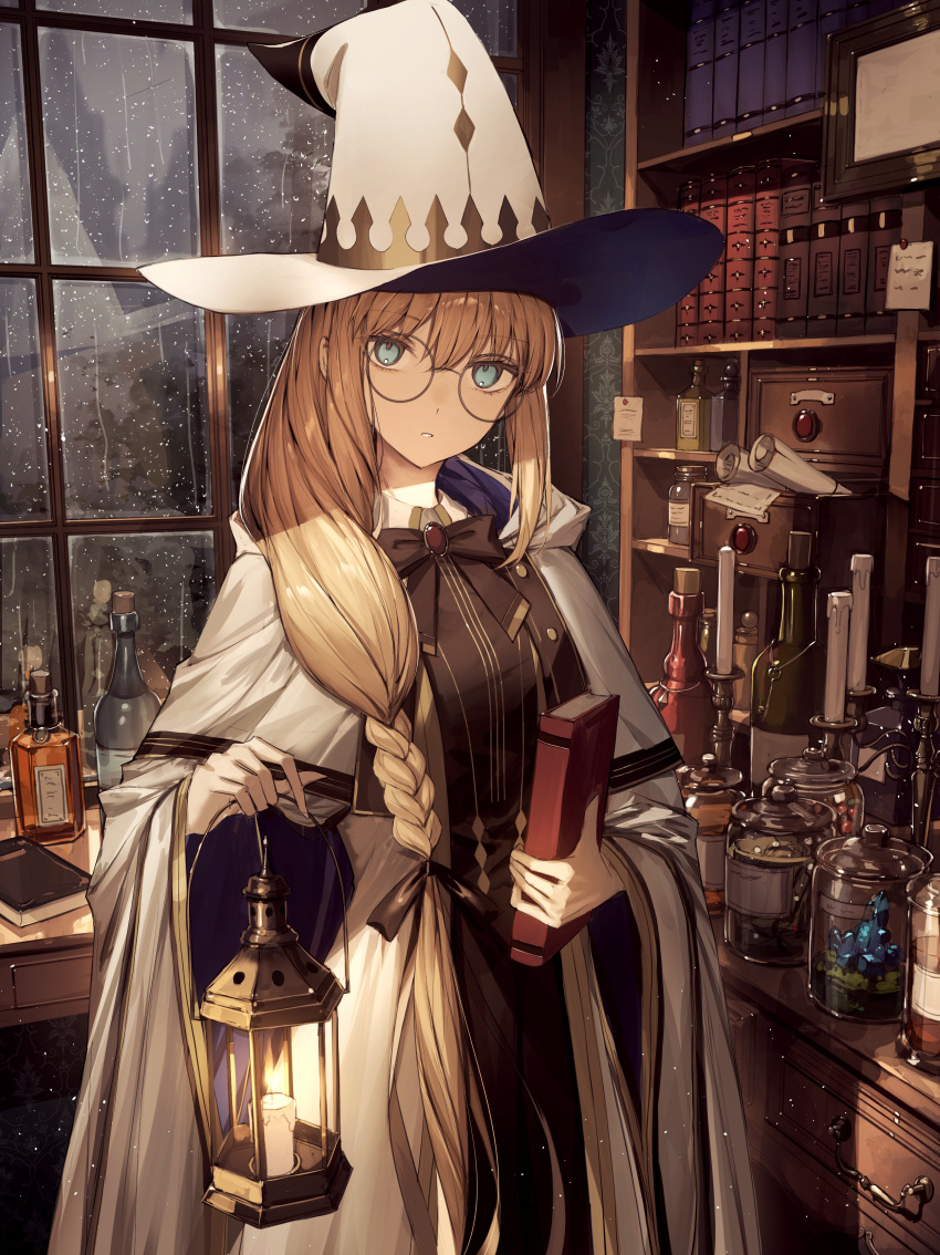 1girl, absurdres, black_bow, black_bowtie, blonde_hair, blush, book, bookshelf