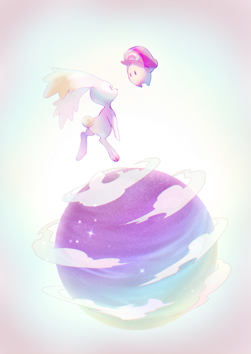 black_eyes, clouds, commentary_request, eye_contact, gradient_background, hat, highres, looking_at_another