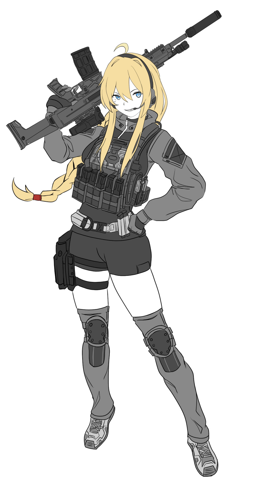 1girl, absurdres, ahoge, black_shorts, blonde_hair, blue_eyes, braid, commentary