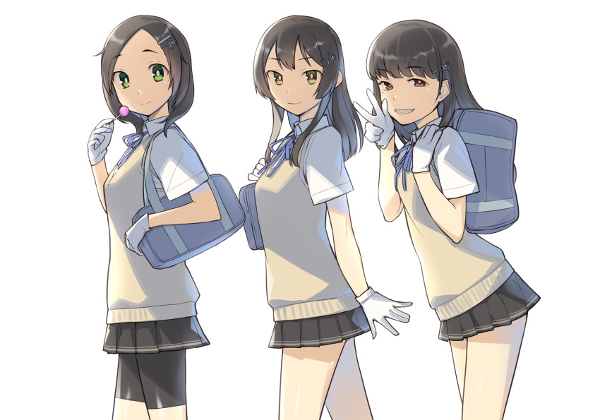 3girls, bag, bike_shorts, bike_shorts_under_skirt, black_skirt, blunt_bangs, candy, food, gloves, green_eyes, grin, hair_ornament, hairclip, hayashio_(kancolle), heibonkaeru, highres, holding, holding_candy, holding_food, holding_lollipop, kantai_collection, kuroshio_(kancolle), lollipop, long_hair, looking_at_viewer, mole, mole_under_eye, multiple_girls, neck_ribbon, oyashio_(kancolle), pleated_skirt, ribbon, school_bag, school_uniform, shirt, short_hair, short_sleeves, simple_background, skirt, smile, sweater_vest, w, white_background, white_gloves, white_shirt