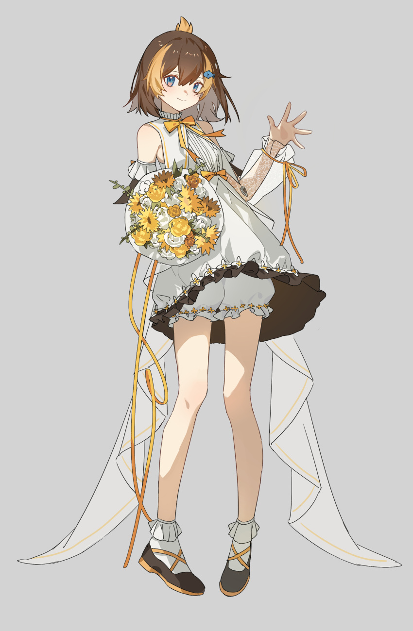 1girl, absurdres, bare_shoulders, black_hair, blonde_hair, bloomers, blue_eyes, blush