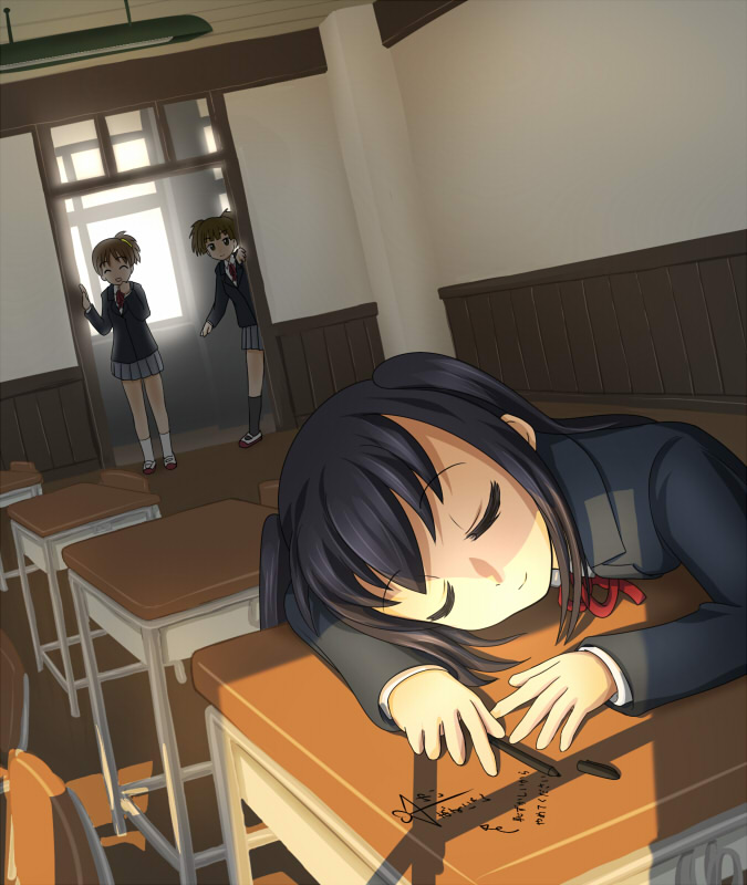chair, classroom, desk, hirasawa_ui, k-on!, marker, nakano_azusa, school_uniform