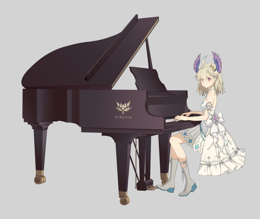 1girl, ahoge, asymmetrical_footwear, bare_shoulders, boots, braid, breasts, dress