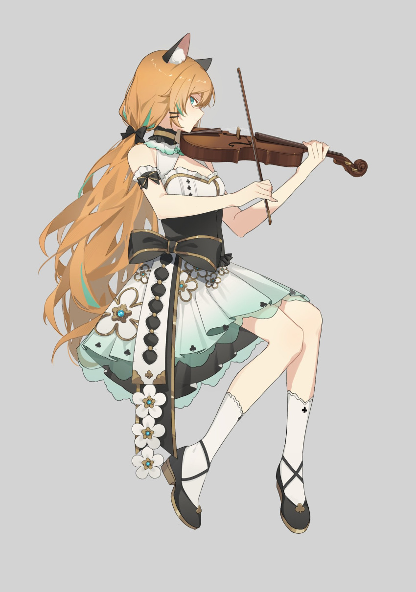 1girl, animal_ear_fluff, animal_ears, black_footwear, blonde_hair, bow_(music), breasts, cat_ears