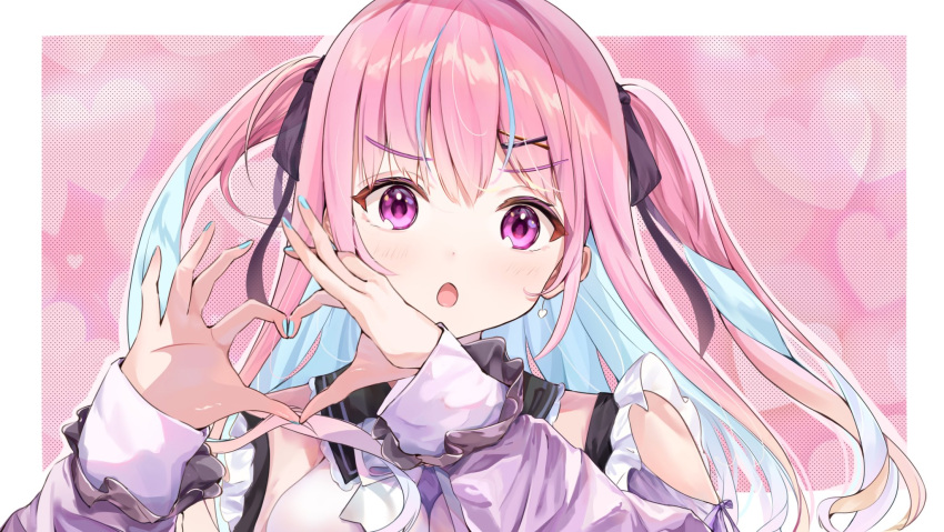 1girl, blue_hair, blue_nails, colored_inner_hair, earrings, heart, heart_earrings, highres, hololive, huyu_same, jewelry, long_hair, looking_at_viewer, minato_aqua, multicolored_hair, open_mouth, solo, streaked_hair, two-tone_hair, virtual_youtuber