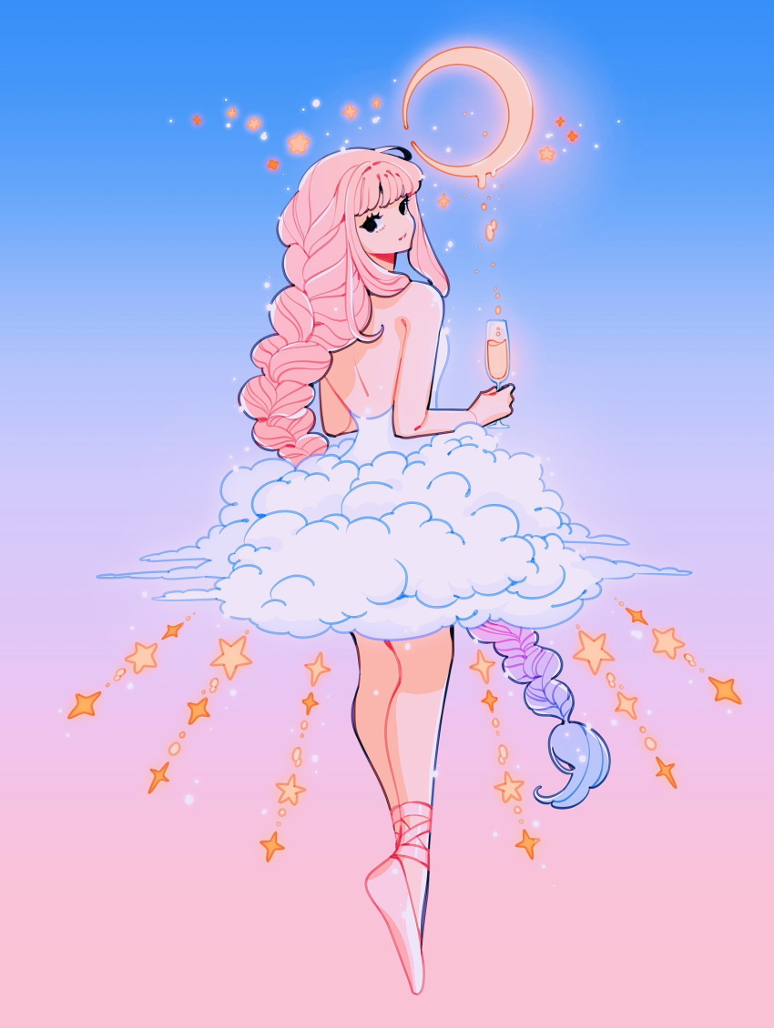 1girl, black_eyes, blue_background, blue_hair, champagne_flute, cloud_clothes, cup, dress