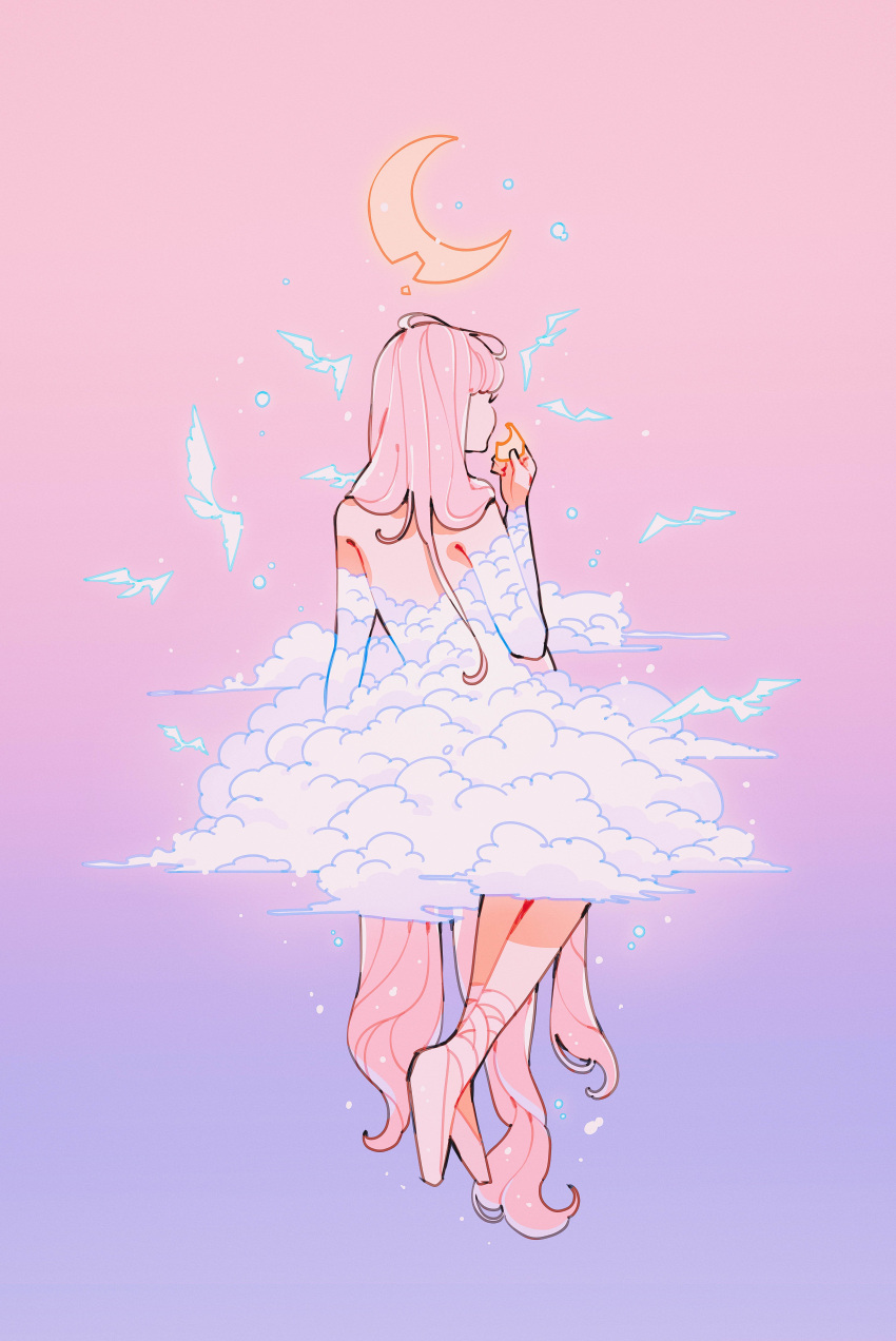 1girl, absurdly_long_hair, absurdres, bare_shoulders, bird, cloud_clothes, crescent_moon, dress