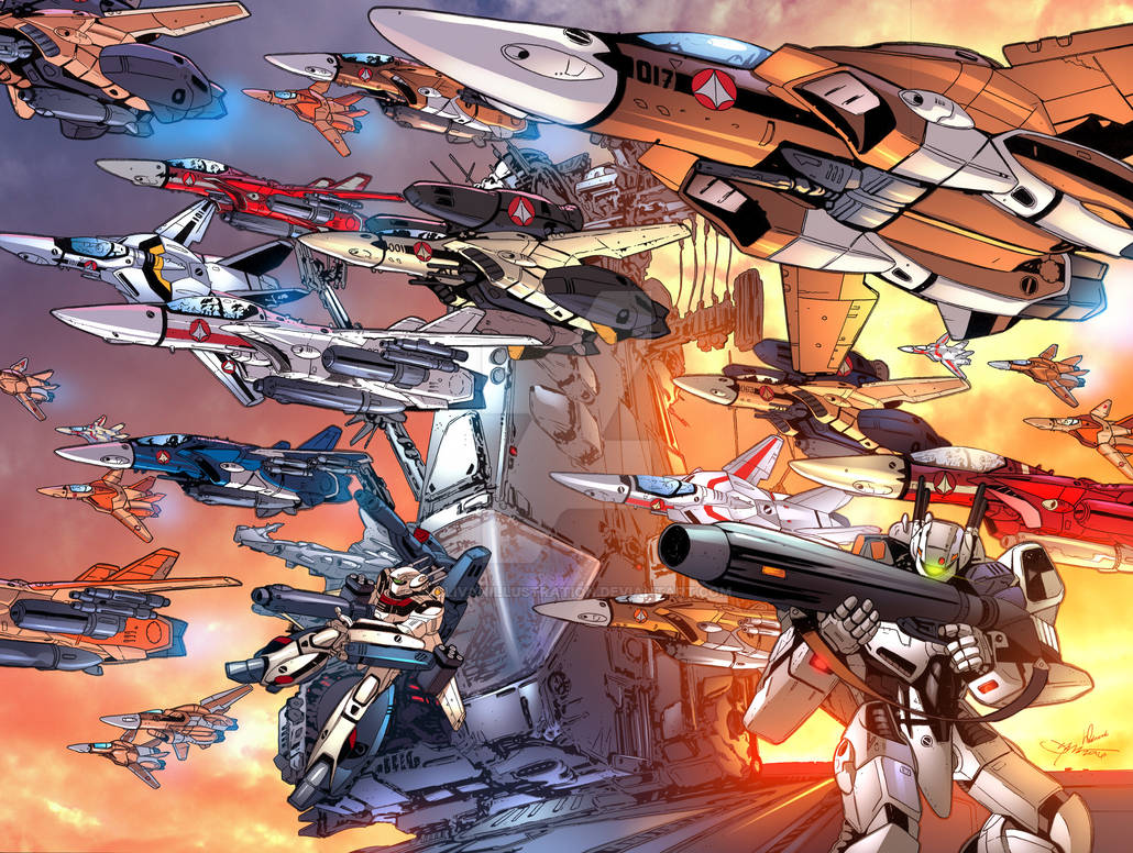 aiming, battroid, choujikuu_yousai_macross, clouds, dusk, energy_cannon, english_commentary, fleet