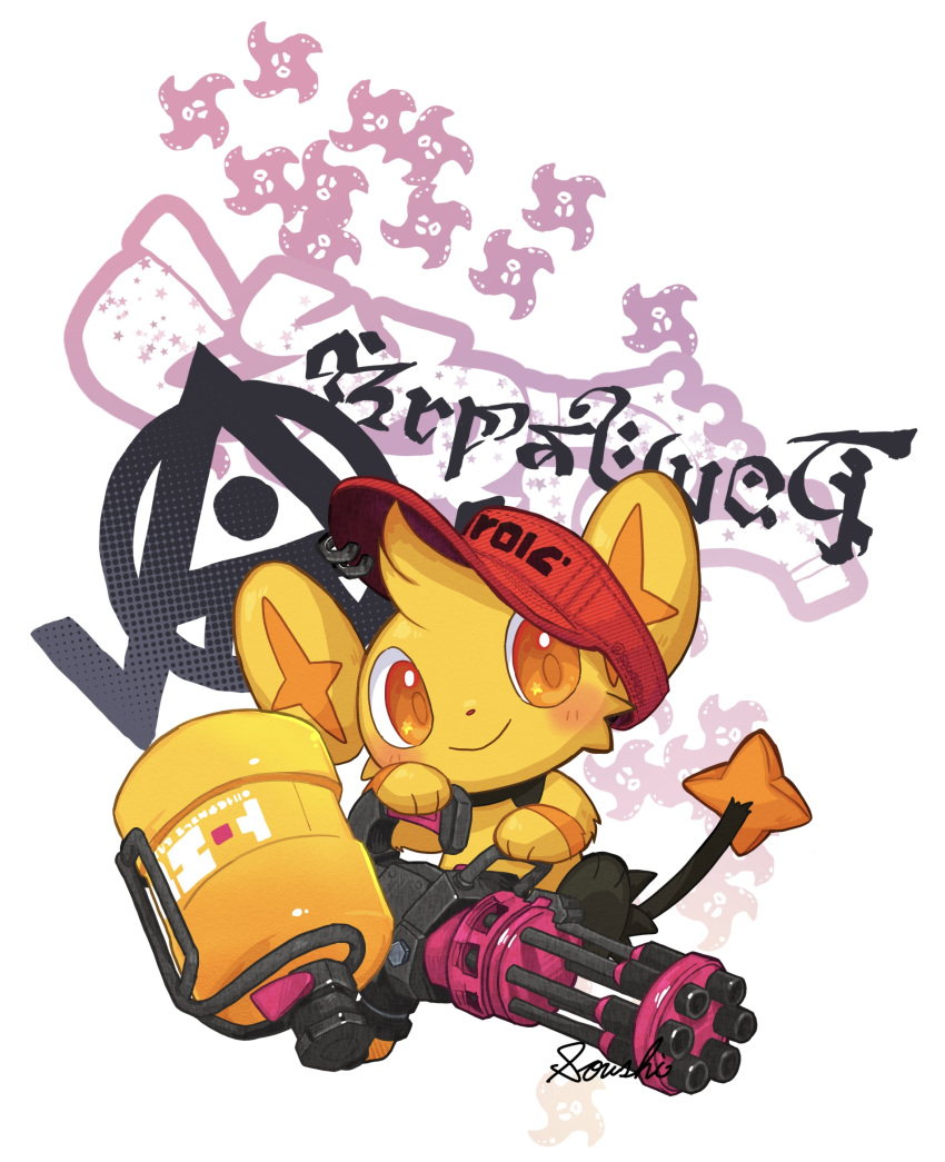 alternate_color, animal_focus, blush, closed_mouth, clothed_pokemon, commentary_request, heavy_splatling_(splatoon), highres