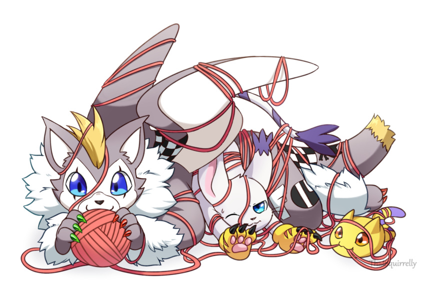 3others, animal_ears, artist_name, blue_eyes, cat, cat_ears, digimon, digimon_(creature), gloves, highres, multiple_others, no_humans, nyaromon, simple_background, squirrel_(thatsquirrelly), tail, tailmon, tobucatmon, watermark, white_background, winking_(animated), yarn, yarn_ball