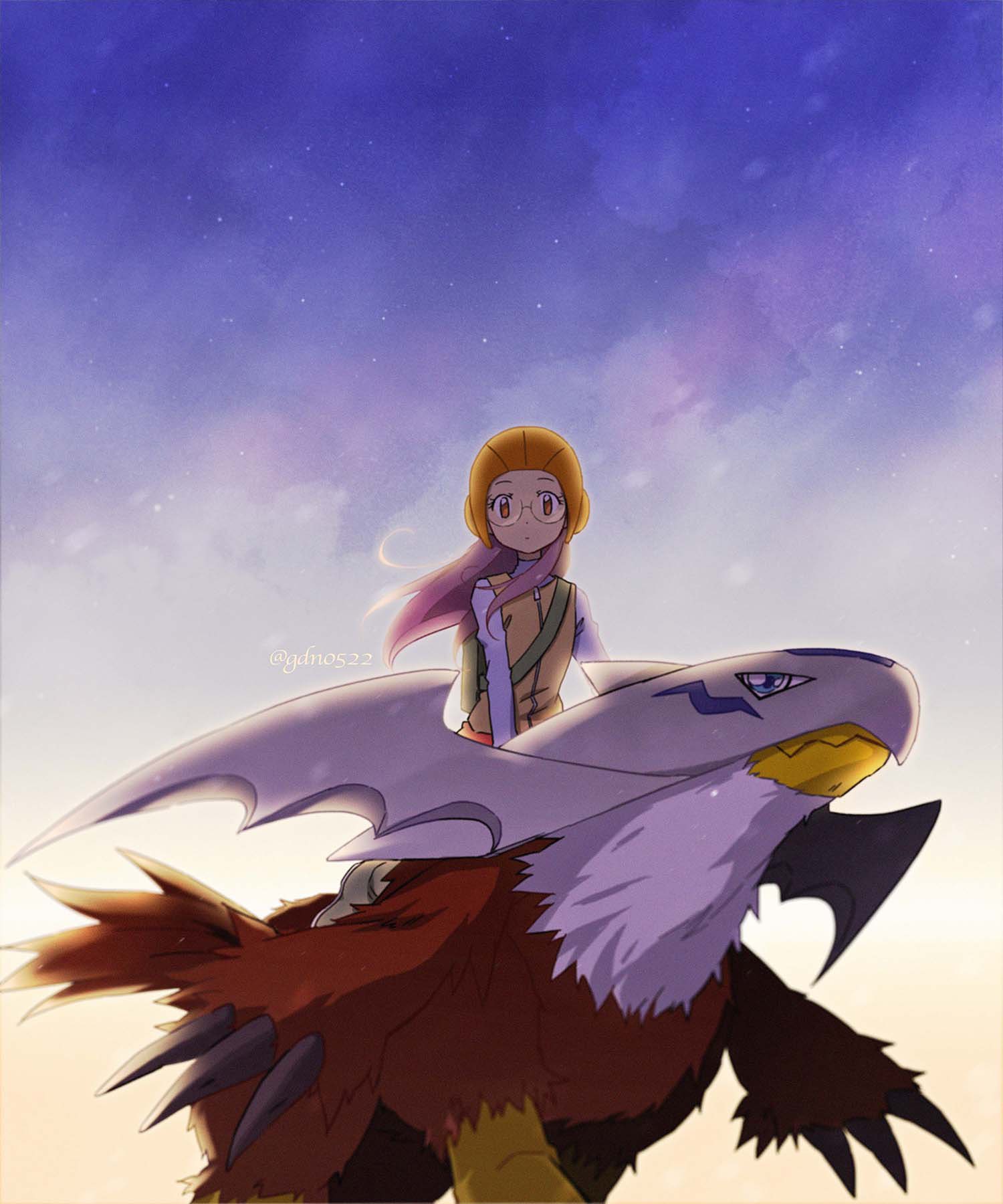1girl, 1other, armor, backpack, bag, blue_sky, brown_eyes, brown_headwear