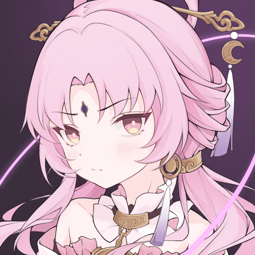 1girl, absurdres, blush, closed_mouth, detached_collar, earrings, forehead_jewel, frills