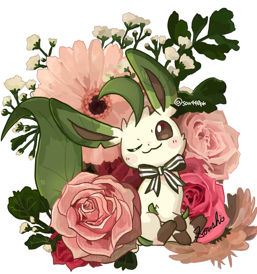 :3, animal_focus, blush_stickers, bow, brown_eyes, commentary, flower, flower_request