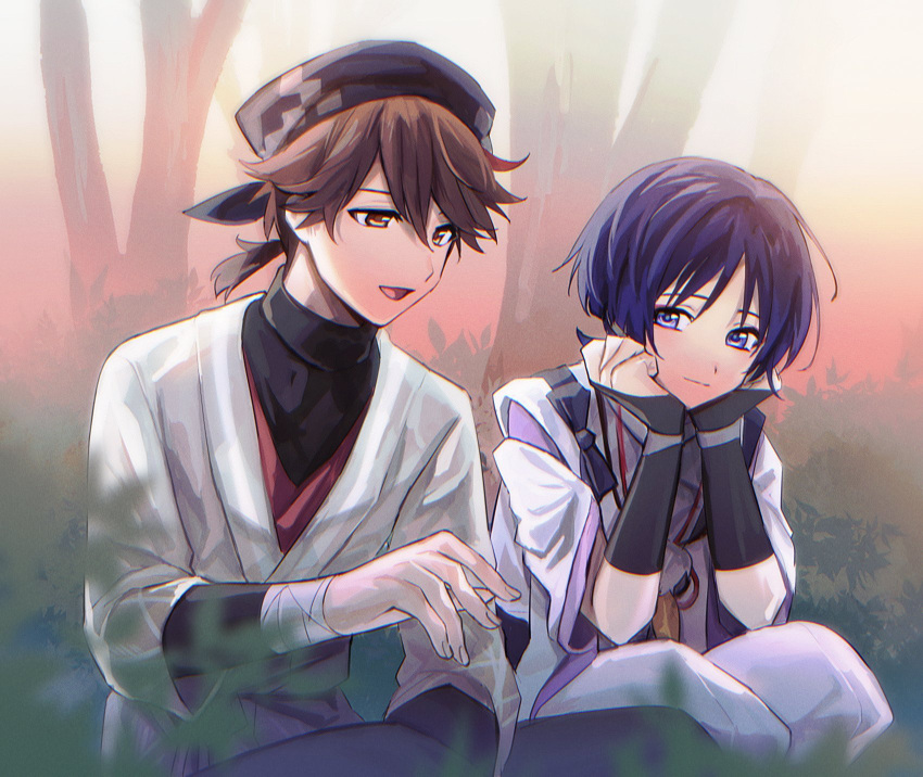 2boys, armor, bandaged_arm, bandages, brown_eyes, brown_hair, closed_mouth, genshin_impact