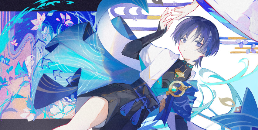 1boy, 1other, absurdres, armor, blue_eyes, blue_hair, closed_mouth, flower, genshin_impact, highres, japanese_armor, japanese_clothes, kote, kurokote, looking_at_viewer, male_focus, mandarin_collar, megumui_9, multicolored_hair, scaramouche_(genshin_impact), solo_focus, sparkle, tassel, violet_eyes, vision_(genshin_impact), wanderer_(genshin_impact), wide_sleeves