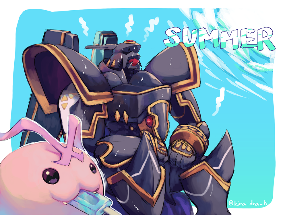 2others, alphamon, armor, artist_name, closed_eyes, digimon, digimon_(creature), english_text, fangs, food, kira_(kira_dra), multiple_others, no_humans, popsicle, sweat, tokomon, tokomon_x-antibody, watermark