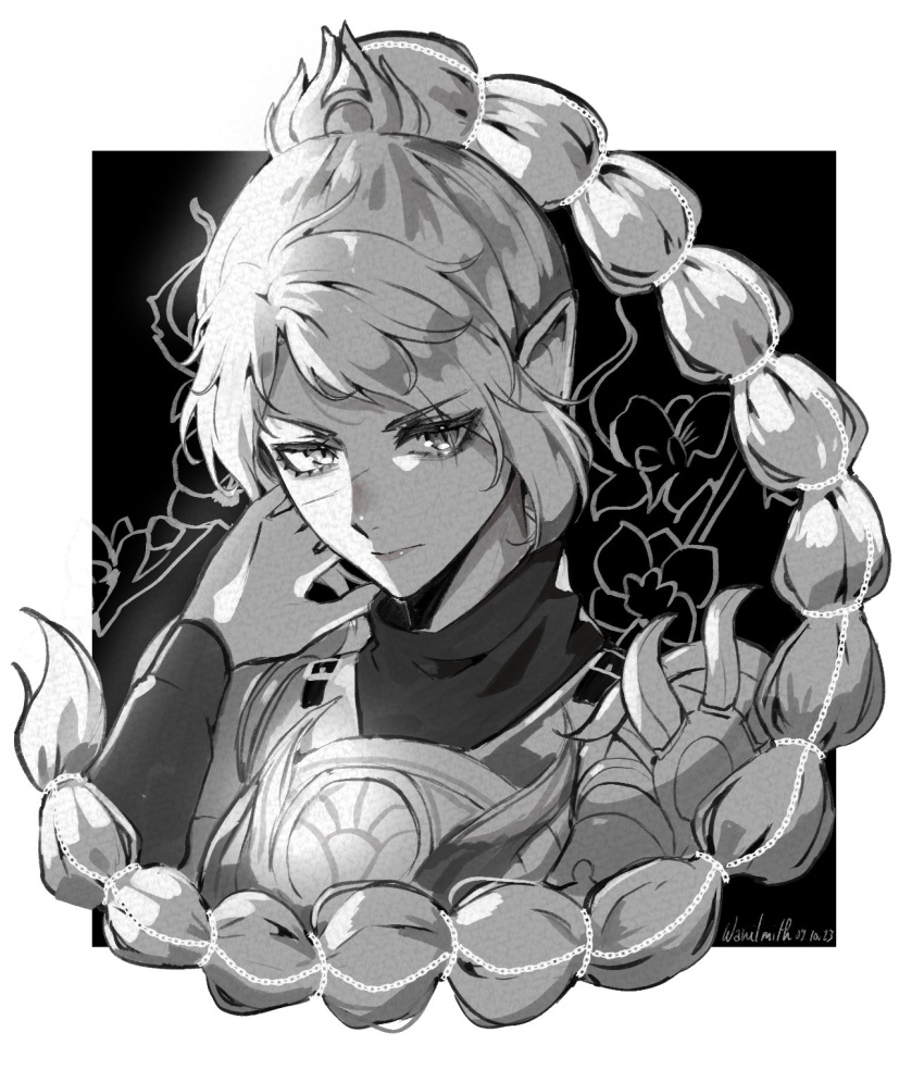 1girl, armor, baldur's_gate, baldur's_gate_3, border, braid, braided_ponytail, breastplate, closed_mouth, commentary, dated, dungeons_and_dragons, elf, english_commentary, greyscale, highres, long_hair, looking_at_viewer, monochrome, outside_border, pointy_ears, scar, scar_on_face, shadowheart_(baldur's_gate), shoulder_armor, signature, solo, very_long_hair, wani_(fadgrith), white_border