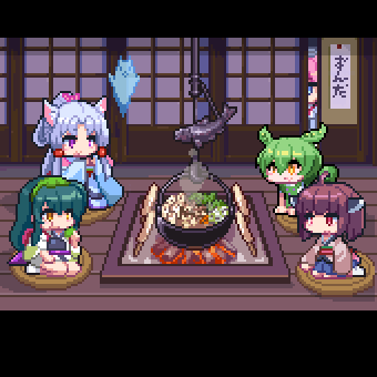 5girls, ahoge, all_fours, animal_ears, animated, animated_gif, blade, blue_eyes