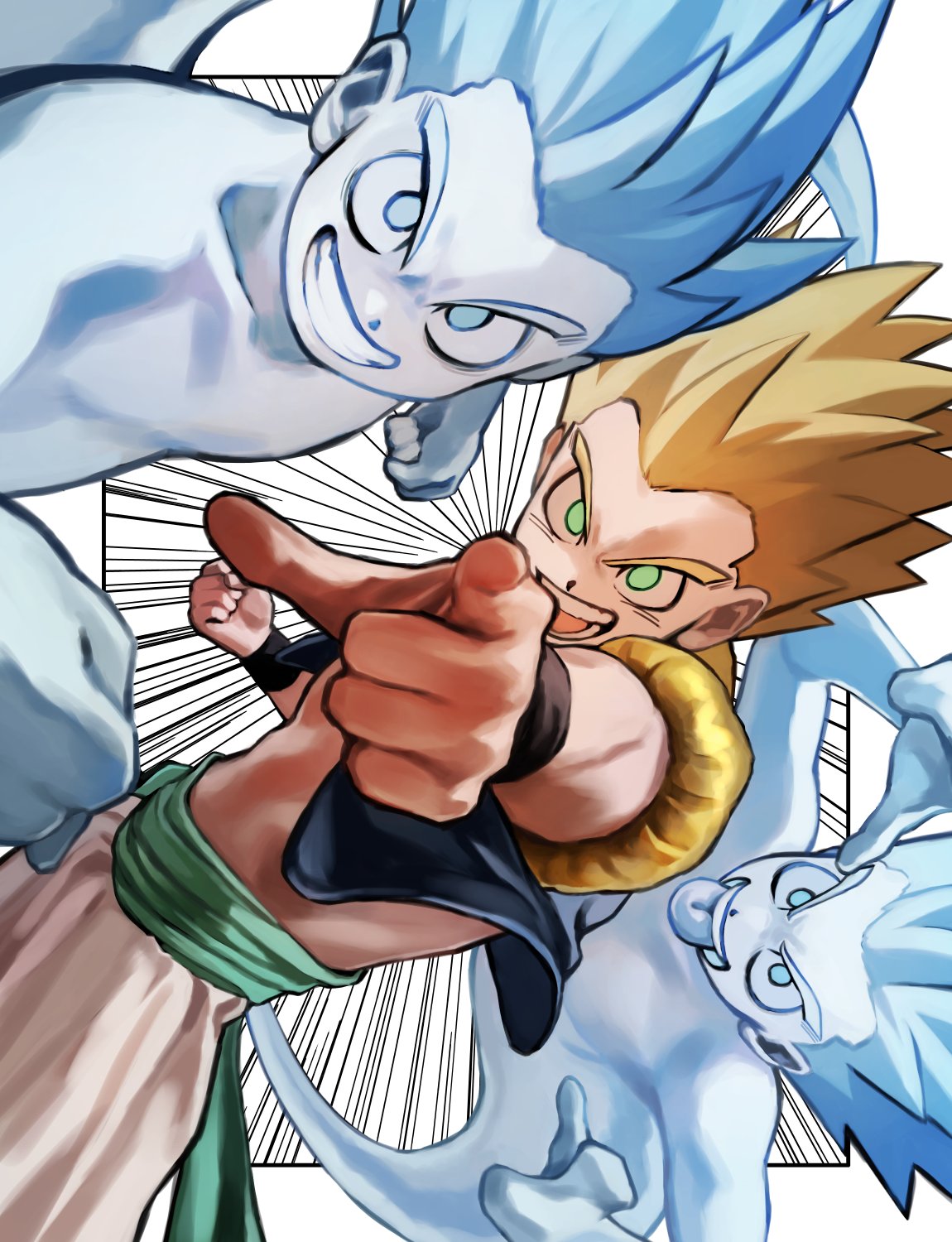3boys, blonde_hair, clenched_hand, commentary, dragon_ball, dragon_ball_z, ghost, gotenks, green_eyes, green_sash, grin, highres, looking_at_viewer, male_focus, metamoran_vest, multiple_boys, open_mouth, pants, pointing, pointing_at_viewer, sash, simple_background, smile, spiky_hair, super_ghost_kamikaze_attack, super_saiyan, super_saiyan_1, symbol-only_commentary, tongue, tongue_out, white_pants, yoyoha_chan